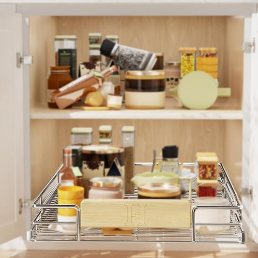 LOVMOR Pull Out Cabinet Organizer with Wooden Handle, 16½" W x 21½"Heavy Duty Cabinet Drawers Shelves Slide Out Organizer for Kitchen, Pantry
