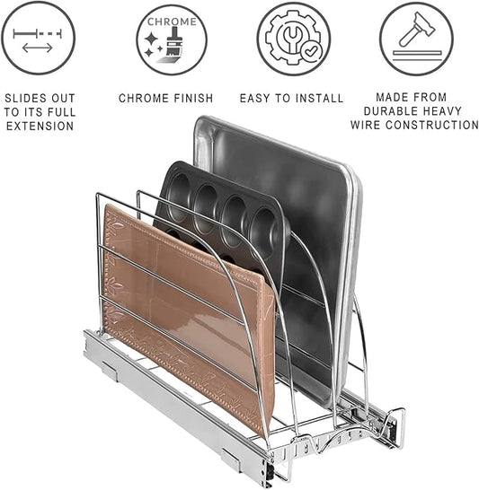 HOLDN’ STORAGE Pull Out Organizer for Cookie Sheet, Cutting Board, Bakeware, and Tray, Sliding Rack- Heavy Duty - Lifetime Limited Warranty - for Under Sink/Under Cabinet, 8.5”W x 21”D x 11”H, Chrome