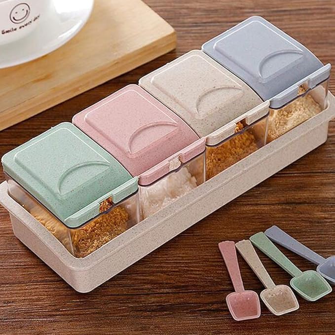 4-Grids Spice Jars, Transparent Seasoning Box Pepper Salt Seasoning Can Pot with Spoon for Home Kitchen