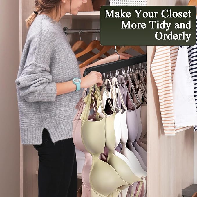 2 Pack Bra Hangers for Closet Organizer, Round Rectangle Bra Organizer with 40 Stainless Steel Hooks, Wooden Tank Top Hanger, Closet Organizers and Storage for Bras Camis Belts Ties, Black