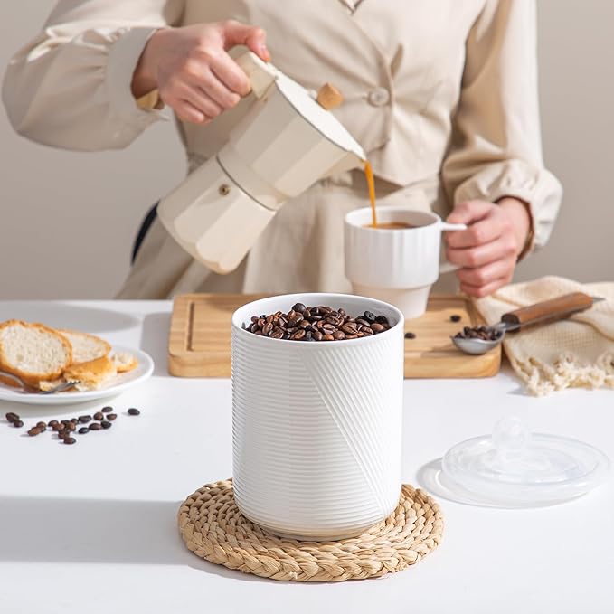 Canister Sets for Kitchen Countertop: Ceramic Food Storage Jar with Airtight Lids - Large Seal Damp-proof Containers for Coffee Tea Flour Sugar Rice Cookies Candy - White (42 oz)