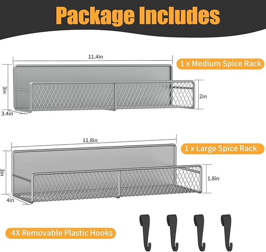 Magnetic Spice Rack for Refrigerator, 2 Pack Metal Magnetic Shelf Grey, Moveable Spice Organizer with Hooks, Super Magnetic Fridge Shelf for Kitchen Organization and Storage