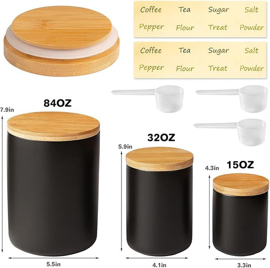 Yangbaga Black Canisters for Kitchen-Kitchen Canisters for Countertop with Airtight Wood Lids/Spoons/Stickers,Ceramic Kitchen Storage Containers for Large Flour,Suger,Coffee（15 OZ)
