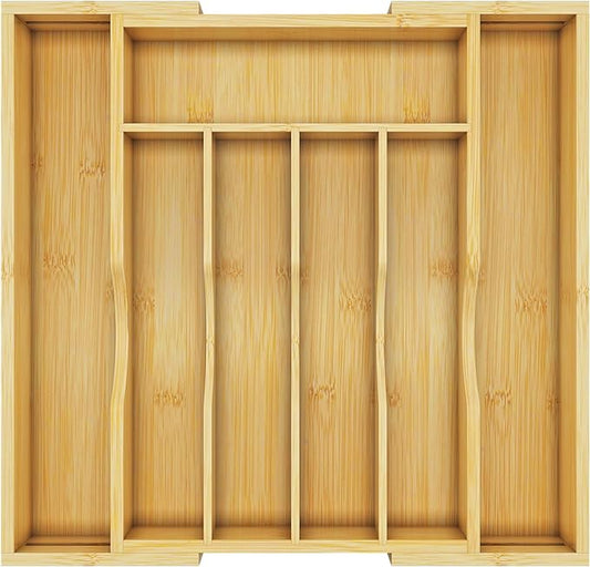 BAMBUROBA Bamboo Kitchen Drawer Organizer,Expandable Silverware Organizer,Utensil Holder and Cutlery Tray with 7 Slots,Gadgets Storage Divider,Natural