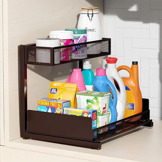 Under Sink Organizer and Storage, 2 Tier Pull Out Cabinet Organizer, Slide Out Under Sink Storage Shelf, Undersink Organizers Shelves for Kitchen Bathroom Pantry Organization (Bronze)