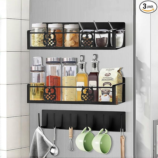 Magnetic Spice Rack for Refrigerator,Spice and Seasoning Organizer,Magnetic Shelf for Fridge Side,Magnetic Fridge Organizer,3 Pack Kitchen Storage with Magnetic Hooks