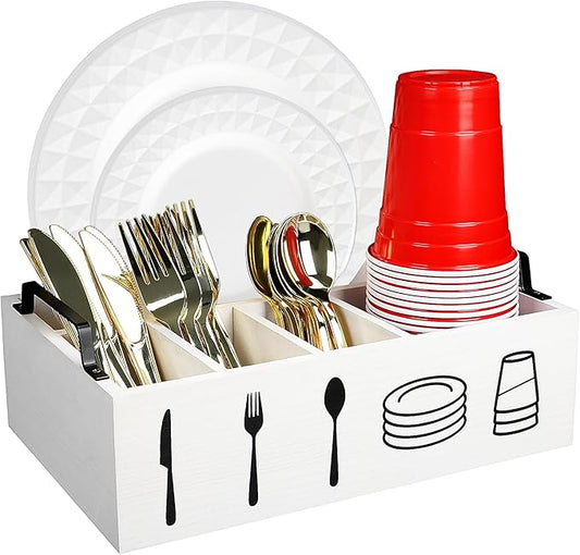 5-Tier Paper Plate Holder & Utensil Organizer for Kitchen - Wooden Storage Rack for Party, Picnic, BBQ | Under Cabinet Space Saving Design with 5 Compartments for Plates, Napkins, Cutlery (White)