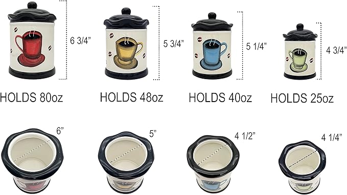 Tuscany Colorful Coffee Bean Collection 4PCs Canister Set with Lid, Kitchen Storage Jar, Food Storage Container, Airtight Storage Container With Rubber Seal