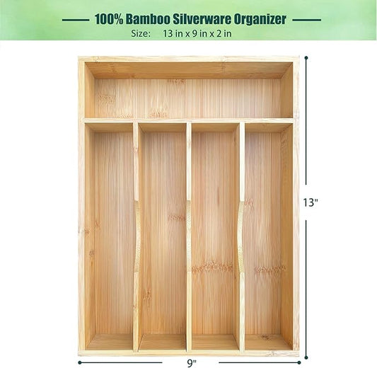 Bamboo Kitchen Drawer Silverware Organizer, 9 Inch Silverware Utensils Tray Holder for Small Drawer, Cutlery Tray, Wood Caddy for Flatware Cutlery Knives 5-Slots