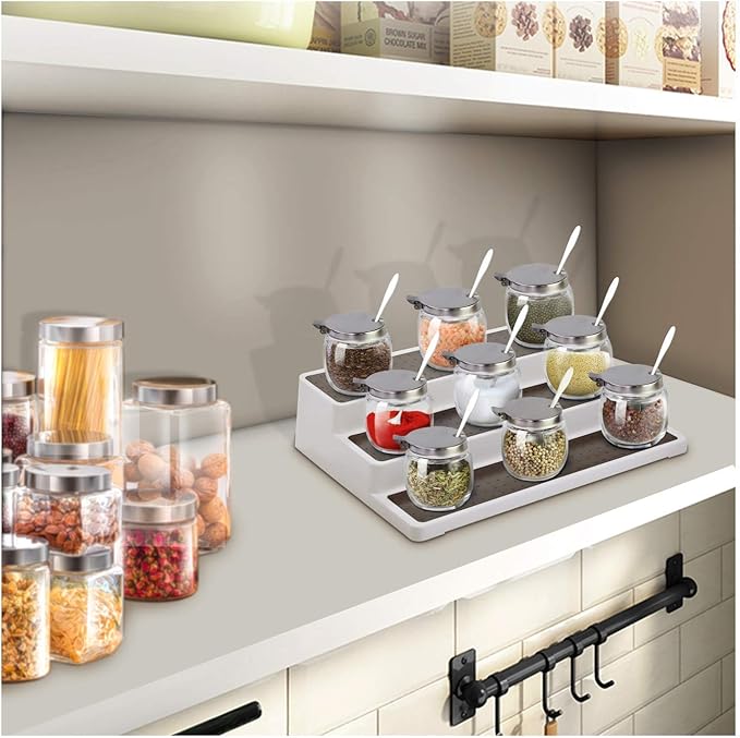 3pcs/pack Non Skid 3 Tier Lazy Susan White Grey Silicon Surface Spice Racks Kitchen Can Shelf Home Countertop Organizer Bathroom Storage Pantry Cabinet, 14.4"/36.5cm (W) X 9.5"/24cm(D) X 3.3"/8.5cm(H)