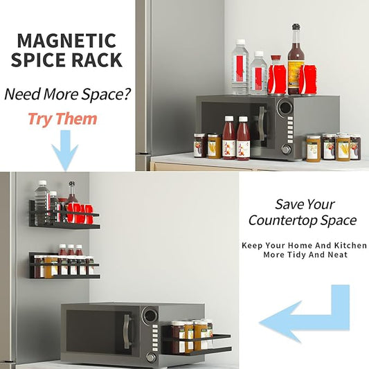 2 Pack Magnetic Spice Rack for Refrigerator,Heave Duty Magnetic Shelf For Kitchen,Magnet Book Shelf For Whiteboard,Space Container,Drill free (Black)