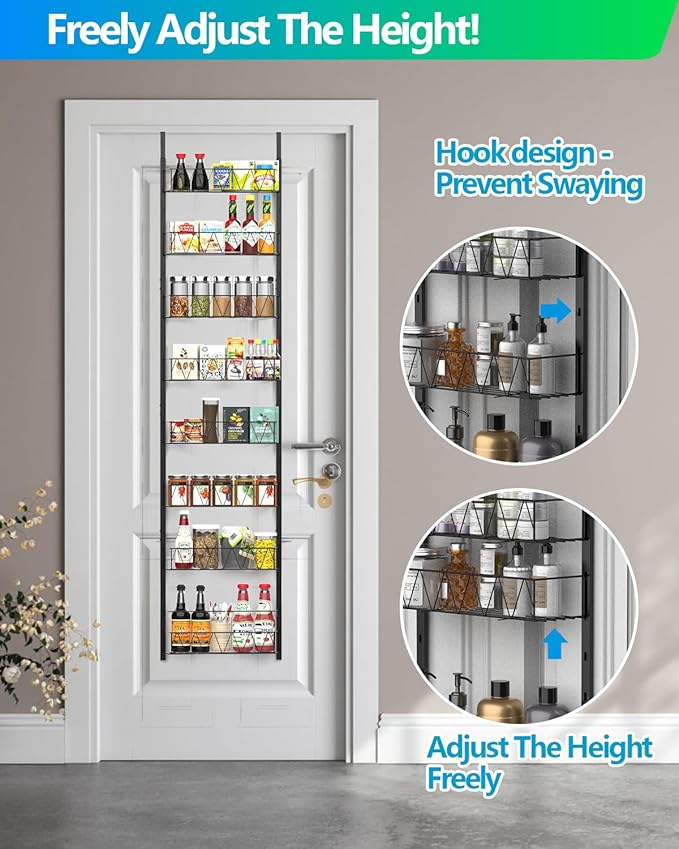 Over The Door Pantry Organizer, Kitchen Organizers and Storage - 8-Tier Pantry Organizers and Storage, Over The Door Organizer for Laundry Room Bathroom Organization, Metal Hanging Spice Rack