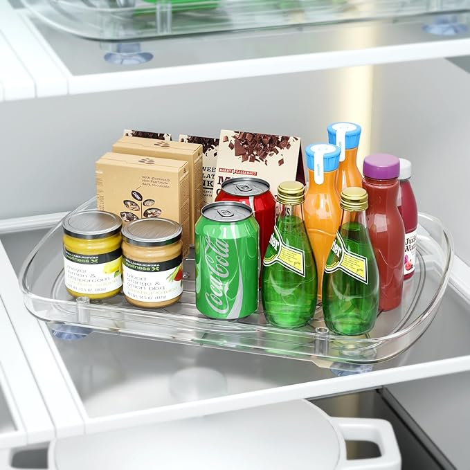 Clear Lazy Susan Organizer for Refrigerator Rectangular Fridge Turntable Organizers and Storage Pull Out & 360°Rotating for Cabinet, Pantry, Kitchen, Table, Bathroom (1-Pack 13.7"x10.2")