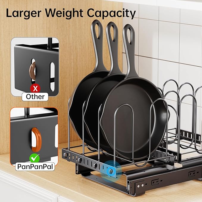 Pots and Pans Organizer for under Cabinet, Pull Out Pan Organizers inside Cabinet with Adjustable Dividers, Kitchen Cabinet Organizers and Storage for Cast-iron Pan, Cutting Board, Pot Lid