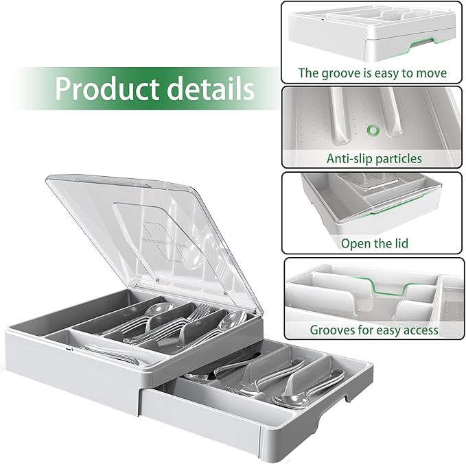 Double Layer Silverware Tray with Lid, Utensil Holder for Countertop Flatware Organizer for Kitchen Drawers with 2 Tier Cutlery Tray and 9 Compartments Silverware Storage Bin (White)