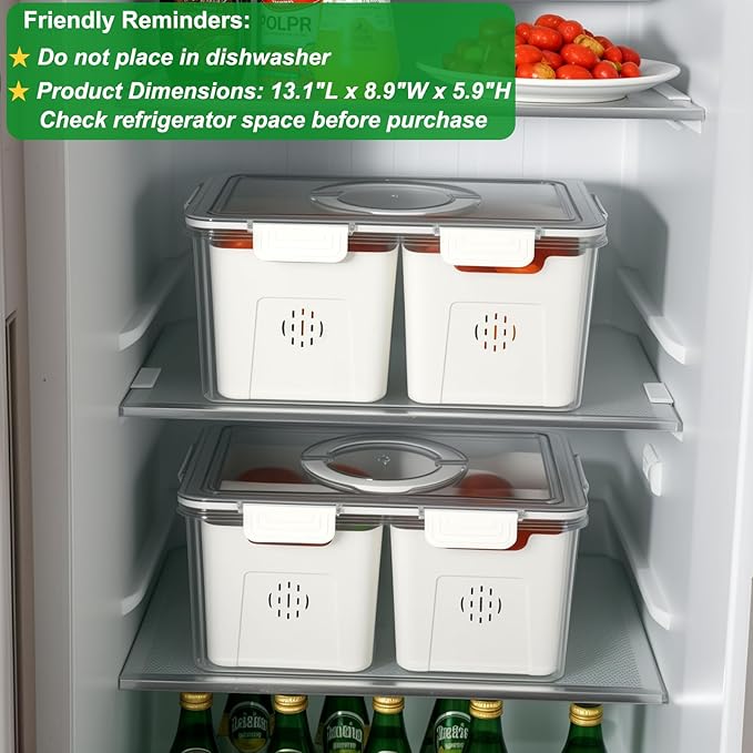 Taiuloo Airtight Fruit Storage Containers for Fridge with Lids & Handle, BPA-Free Food Storage Container with 4 Removable Colanders, Berry Vegetable Fresh Produce Saver, Refrigerator Organizer Bins