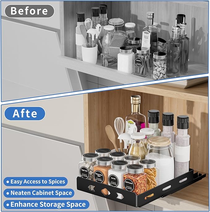 Pull Out Spice Rack Organizer for Cabinet, Heavy Duty-Slide Out Spice Rack, Vertical Spice Rack for Kitchen Cabinet and Pantry (8.4''Wx10.5''Dx2.8''H, Metal Black)