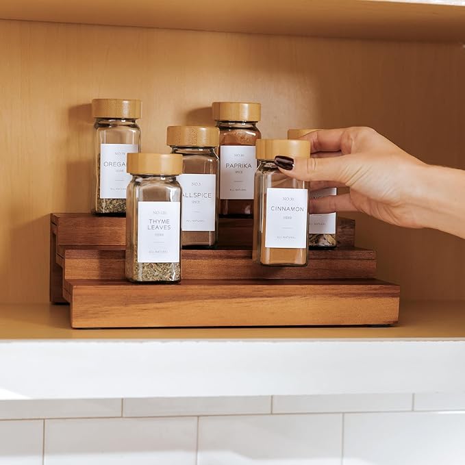 Expandable Spice Rack Organizer for Cabinet, 3-Tier Shelf for Spice Organization (11” to 22”), Fits 36 Spice Jars, Seasoning and Pantry Storage, Non-Slip Feet, 100% Acacia Wood