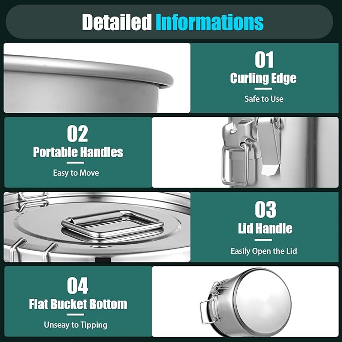 304 Stainless Steel Airtight Canister, Rice Cereal Grain Canisters Container, 6/12/21/33/48 Liters Food Bean Flour Oil Sugar Milk Cookie Storager Bucket w/Handles & Lid for Household Kitchen (12L)