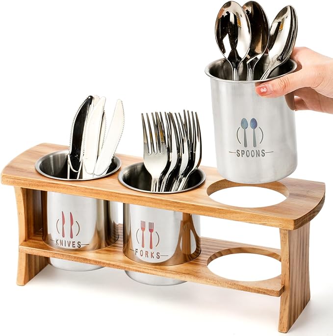 Lyellfe Silverware Holder for Countertop, Stainless Steel Cutlery Utensil Organizer with Bamboo Stand, Rustic Flatware Holder for Spoon, Fork, and Knife