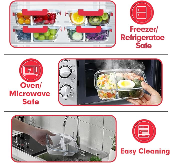 VERONES 10 Pack Glass Meal Prep Containers 2 Compartment Set, 36OZ Airtight Glass Lunch Containers, Glass Food Storage Containers with Lids, for Microwave, Oven, Freezer & Dishwasher Friendly,Red