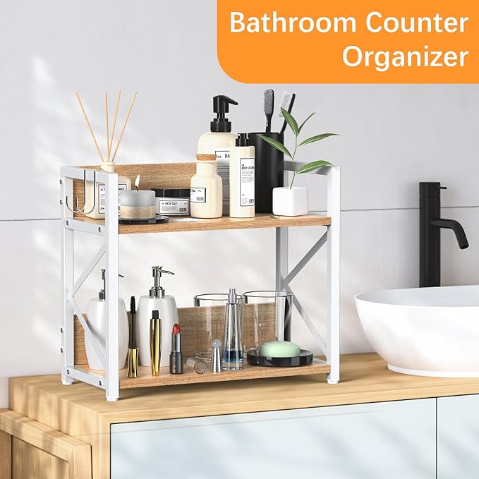 Spice-Rack-Organizer-Shelf for Kitchen Counter, 2 Tiers Coffee Bar Station Organizer for Countertop，Space Saving Desk Shelving Riser Unit (Maple, Medium)