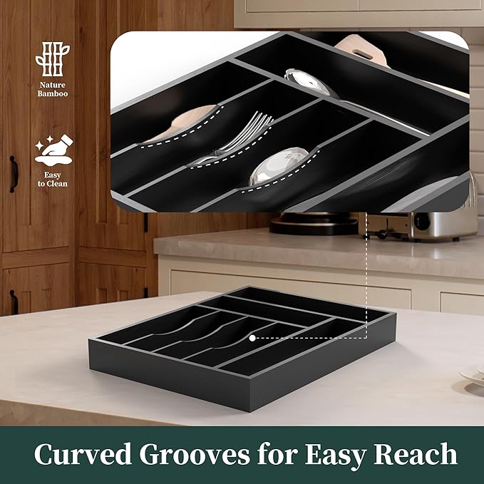 Bamboo Silverware Organizer, Kitchen Drawer Organizer, Utensil Holder, Cutlery Tray & Spoon Flatware Storage with Grooved Drawer Dividers ((7 Slots, Black)