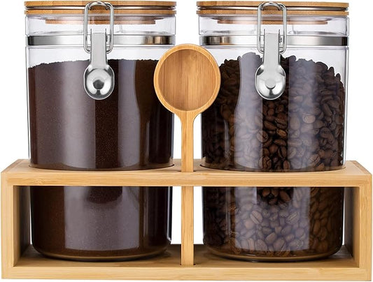 Yangbaga 2Pcs Coffee Sugar Canisters with Shelf, 58OZ Plastics Storage Containers for Ground Coffee Bean Storage with Lid Locking Clamp&Coffee Scoop, Food Storage Jar for Kitchen