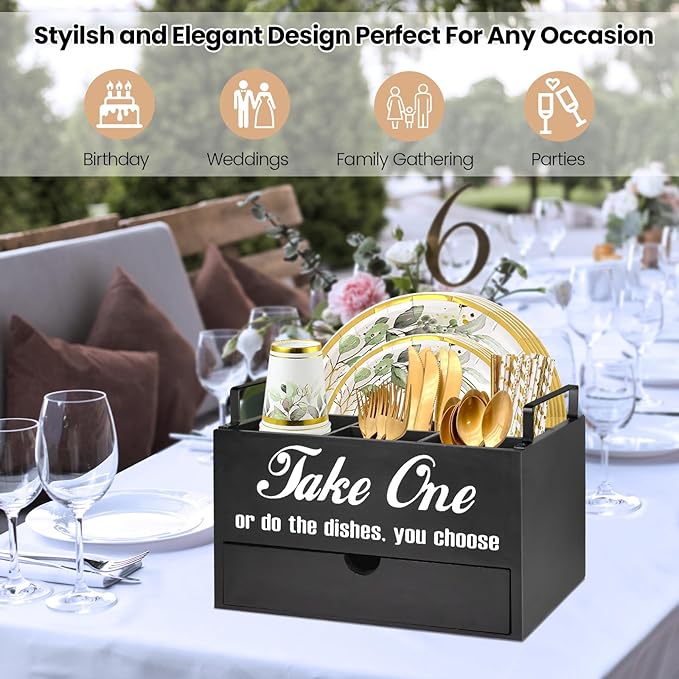 Paper Plate Holder Countertop, Utensil Caddy with Drawer, Black, 6 Compartments, 1 Drawer, Space Saving, Convenient to Carry, Sturdy, Easy Cleaning, Ideal Gift Idea