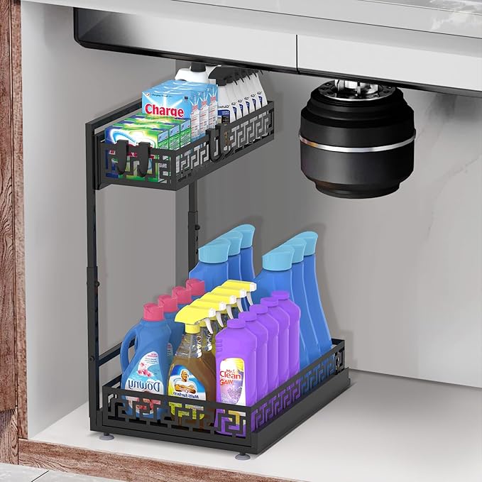 KIMCHOMERSE Under Sink Organizer Shelf, 2 Tier Pull Out Under Sink Rack, Under Counter Cabinet Organizer Storage Shelf for Bathroom Storage Organizer, Kitchen Pantry Cabinet Organizers -Black
