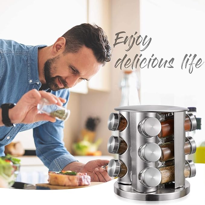 TINMIX Revolving Spice Rack Organizer with 12 Jars, Countertop Spice Seasoning Rack Tower with 12 Glass Bottles Refillable for Kitchen Cabinet, Stainless Steel, Silver