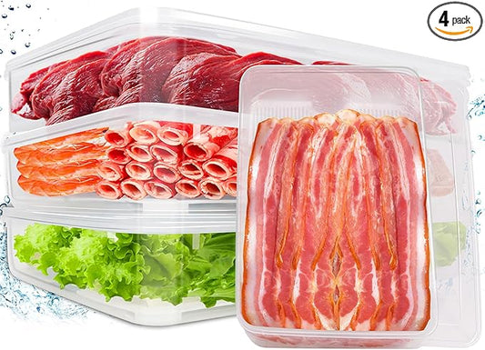 4PCS Deli Meat Container for Fridge,Plastic Bacon Container for Refrigerator,Large Lunchmeat Cold Cuts Storage Containers for Fridge,Christmas Cookie Holder with Removable Drain Plate and Lid