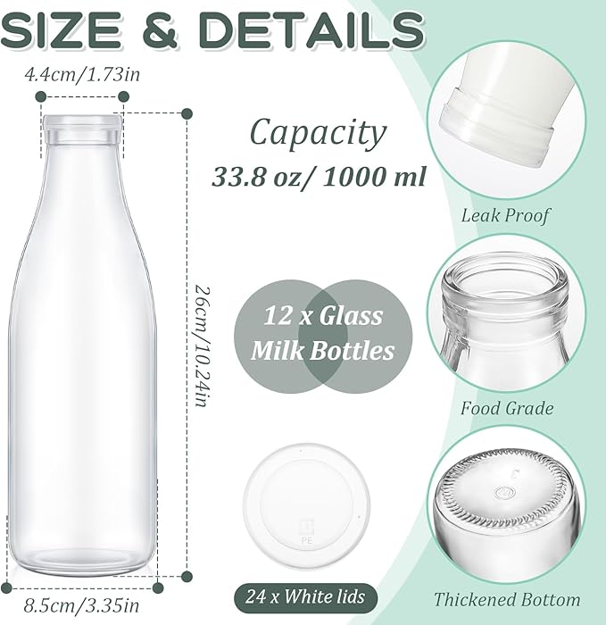 Zubebe 12 Pack Small Glass Milk Bottles Clear Mini Party Bottles with Lids Glass Juice Jars Reusable Small Milk Jars Vintage Breakfast Shake Containers for Baby Shower Birthday Party Favors(33.8 oz)