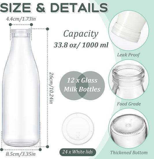 Zubebe 12 Pack Small Glass Milk Bottles Clear Mini Party Bottles with Lids Glass Juice Jars Reusable Small Milk Jars Vintage Breakfast Shake Containers for Baby Shower Birthday Party Favors(33.8 oz)