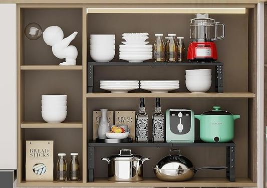 Expandable Cabinet Shelf Organizer Storage Spice Rack Shelves for Kitchen Stackable Adjustable Pantry Cupboard Bathroom Countertop Desktop(1Pack/Black/Large)