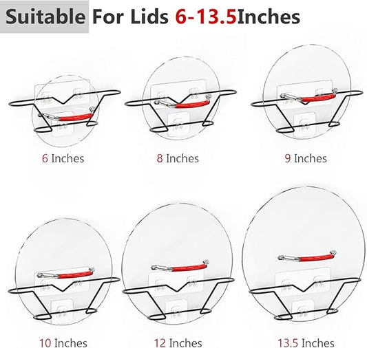 3 Pack Pot Lid Organizer, Rust Resistant Pan Lid Holder Organizer, No Drilling Adhesive Pot Lid Holder Inside Cabinet Door Wall Mount, Black Metal
