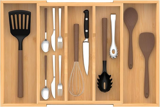 Bamboo Expandable Kitchen Drawer Organizer, 13" to 23" Adjustable Utensils and Cutlery Tray, Wood Drawer Organizer for Silverware Flatware