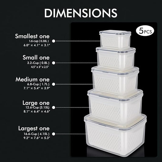 HOTEC 5-Pack Large Fruit Storage Container with Removable Colander, Dishwasher & microwave safe Largest 4.15L