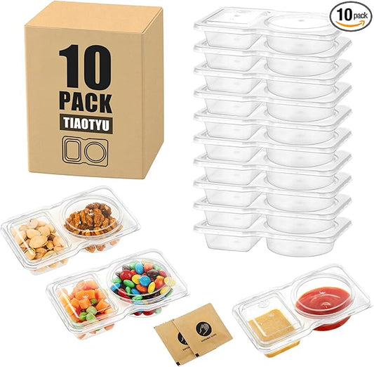 10 Pack Leak-Proof Dual Compartment Containers with Lids, Reusable Sauce Cups for Dips, Condiments, Snacks, Salads – Ideal for Catering, Parties & Takeout