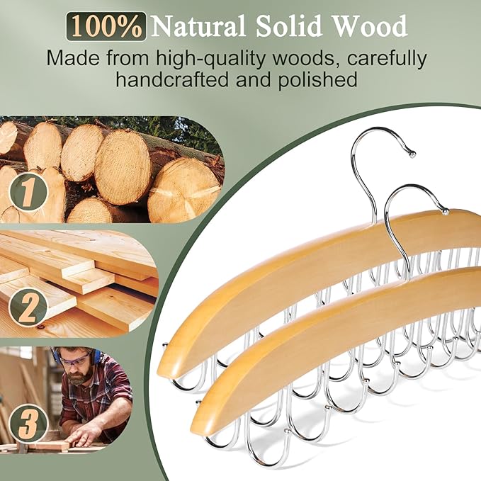 2 Pack Bra Hangers for Closet Organizer, Bra Organizer with 40 Stainless Steel Hooks, Wooden Tank Top Hanger, Closet Organizers and Storage for Bras Camis Belts Ties, Natural