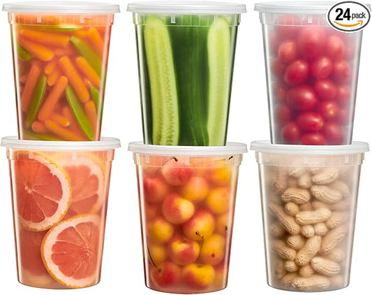 [24 Sets] 32 oz. Deli Food Storage Freezer Containers With Leak-proof Lids