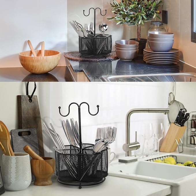 JSVER 360° Rotating Utensil Caddy 5 Compartment Silverware Cutlery Caddy Holder, Metal Tableware Organizer Countertop with Handle, Fork Spoon Flatware Storage for Office Party Picnic Kitchen, Black