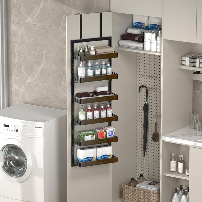 Over The Door Organizer, 6-Tier Over The Door Pantry Organizer, Heavy Duty Metal Frame, Spice Rack, Behind the Door Storage for Kitchen, Bathroom, Laundry Room, 16.9”L×6.3”W×51.2”H (Black)