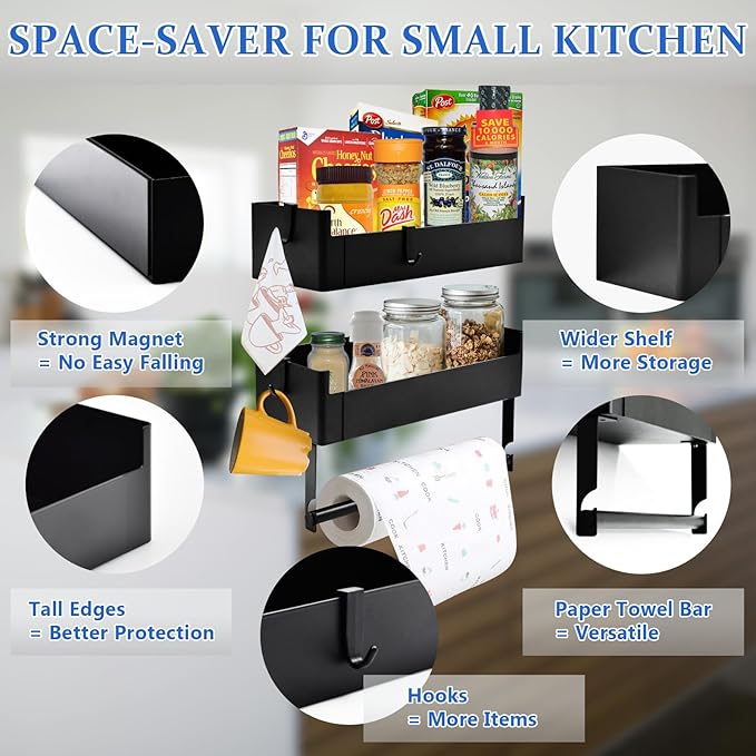 2 Pack Spice Rack for Side of Refrigerator Spice Organizer with Paper Towel Holder Bar Spice Shelf for Fridge Stove Oven in Small Kitchen Wall Organizer and Storage Essentials