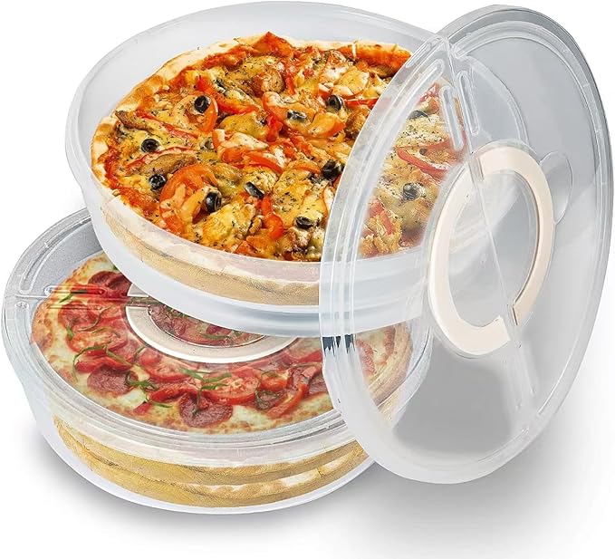 2 Pack 12inch Food Storage Container with Lid and Handle, Reusable 2 Compartments Pizza Slice Storage Container, Round Clear Pie Carrier Leftover Pizza Keeper for Cake Cheesecake Tortilla Pastry