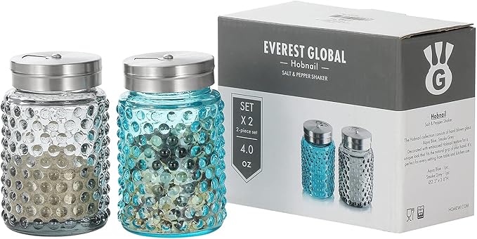 EVEREST Hobnail Salt and Pepper Shakers Glass Set of 2, 4.0 OZ with Salt Shaker Adjustable Stainless Steel Lid-Glass Spice Jars，Strong and durable Best Kitchen Decoration