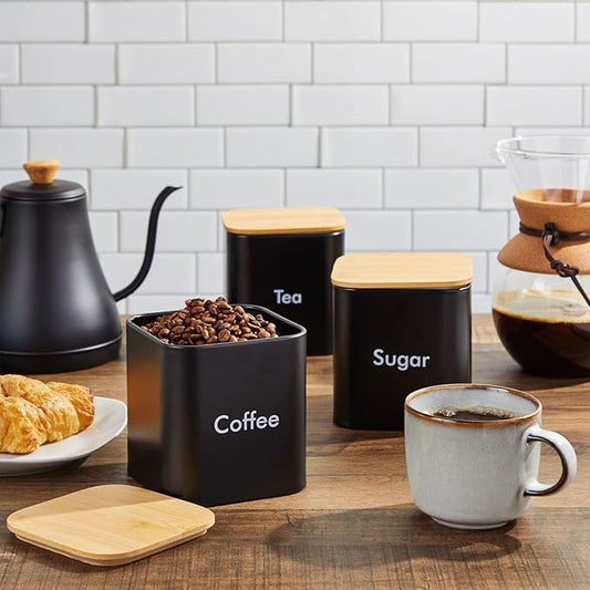 Juvale Coffee Tea Sugar Container Set - Black Iron Kitchen Canister Set with Bamboo Lids (3 Pieces, 48 oz)