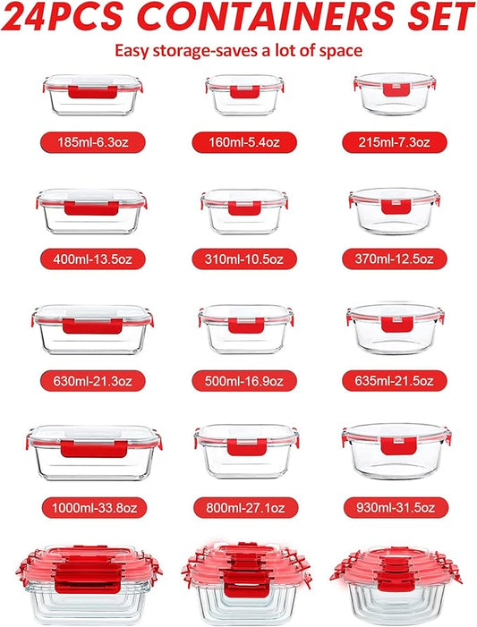 VERONES 24 Pieces Glass Food Storage Containers Set, Airtight Glass Lunch Containers, Glass Meal Prep Containers with Lids,Exclusive of BPA, for Microwave, Oven, Freezer & Dishwasher Friendly,Red