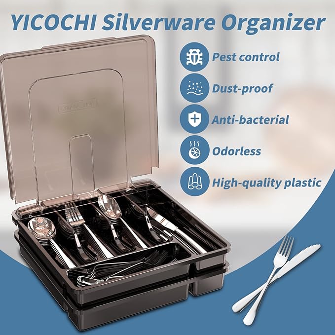 2 Layer Large Silverware Tray with Lid,Stackable utensil organizer for countertop,Removable Tray for Flatware Organizer, Black