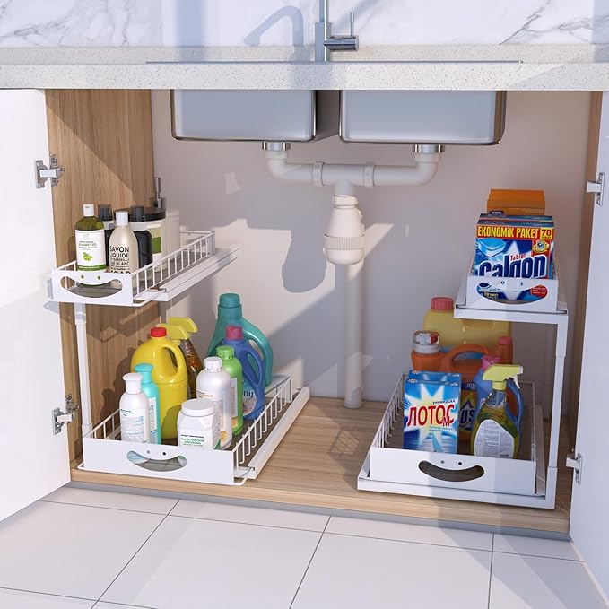 KPGRNUnder Kitchen Sink Organizers and Storage,2 Tier Sliding Cabinet Basket Organizer Drawer,Storage Shelves,Multi-Purpose Cabinet Organizers for Kitchen Bathroom.14.17X10.66 X 15.27In(White,2 Pack)